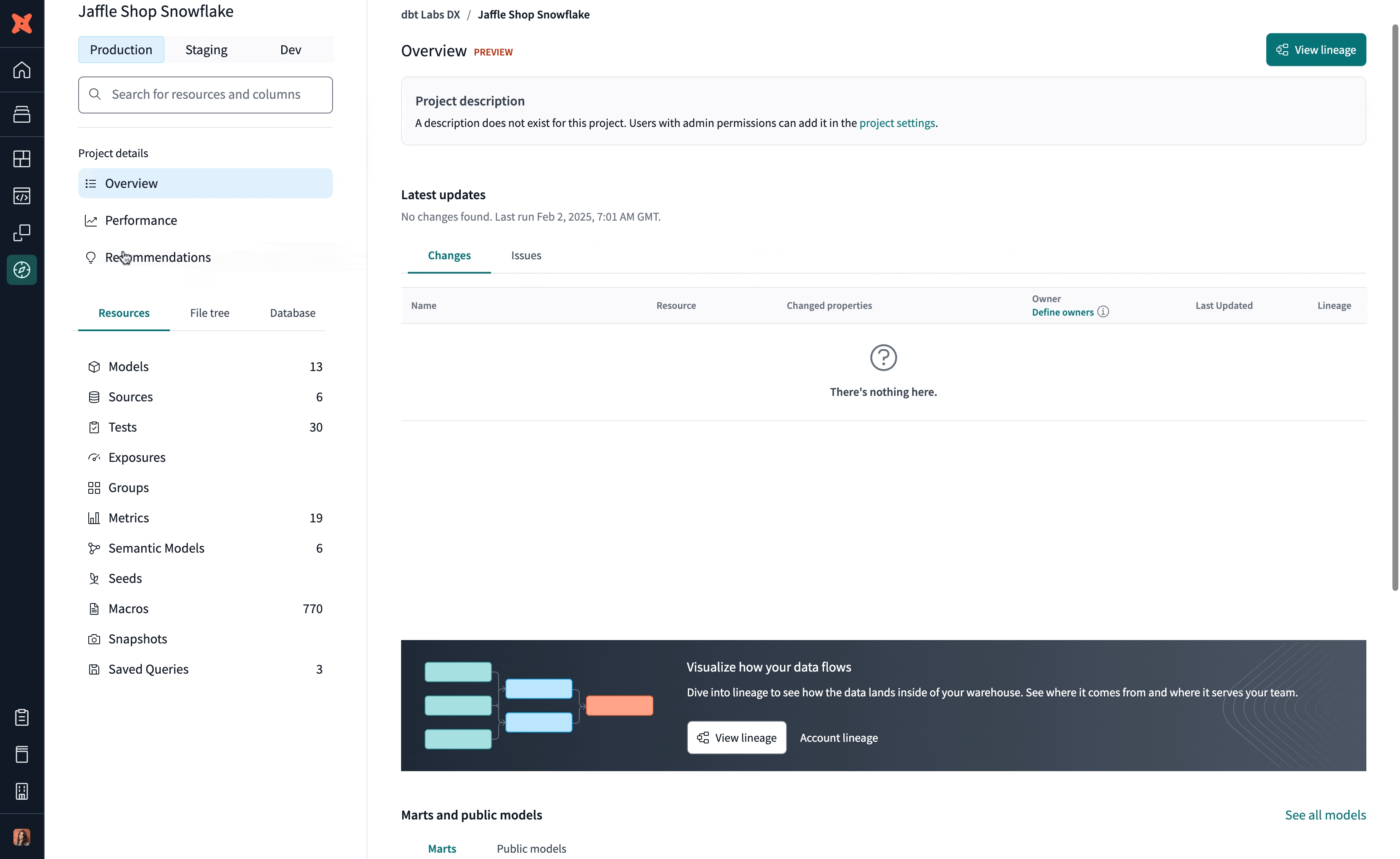 Navigate dbt Explorer to discover your project's resources and lineage.